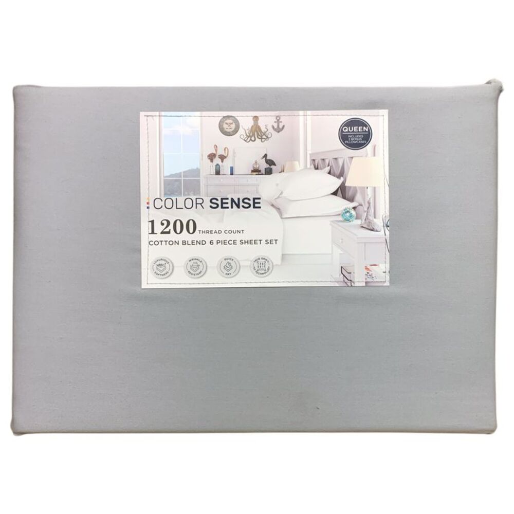 Soft Silver - Color Sense 1200 Thread Count Cotton Blend 6-Piece Sheet Set, Quee